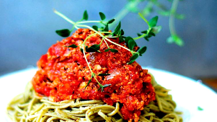 Image of Edamame Spaghetti with Tofu Bolognese